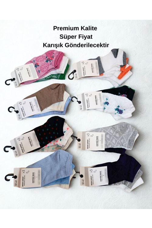 9 lu Kadın Kısa Bilek Çorap Seti – Pamuklu, Renkli & Desenli, Rahat ve Terletmeyen
