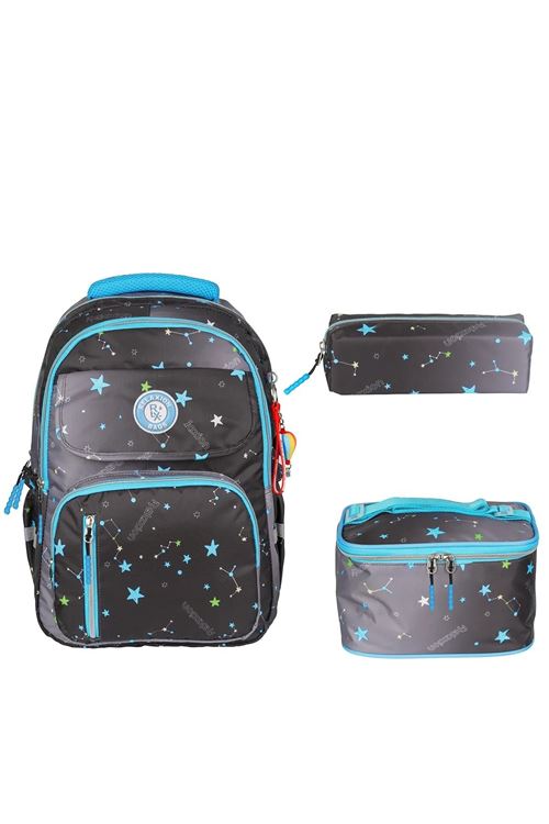 1390 3 lü Tam Ortopedik Renkli Desenli Okul Çanta Seti (Sırt Çantası + Beslenme Çantası + Kalemlik)