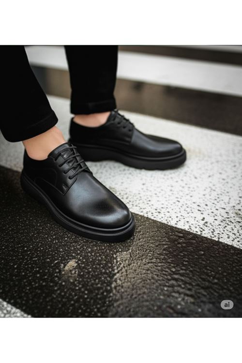 IMPERIA Erkek Siyah Hakiki Deri Klasik Ayakkabı | Kalın Tabanlı Bağcıklı Derby Model | Business Ofis