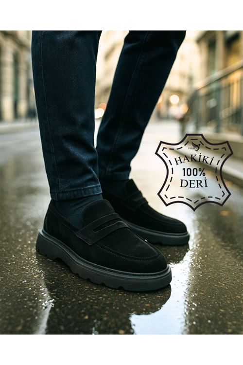 ONYX Erkek Siyah Hakiki Deri Makosen | Kalın Taban Loafer Günlük Klasik Ayakkabı | Yeni Sezon