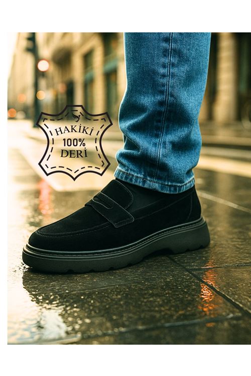 ONYX Erkek Siyah Hakiki Deri Makosen | Kalın Taban Loafer Günlük Klasik Ayakkabı | Yeni Sezon