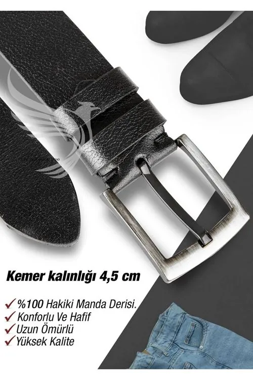 %100 Hakiki Deri Erkek Kot Kemeri 4.5 Cm Manda Derisi Siyah Hediyelik Kemer Çeyizlik Kemer