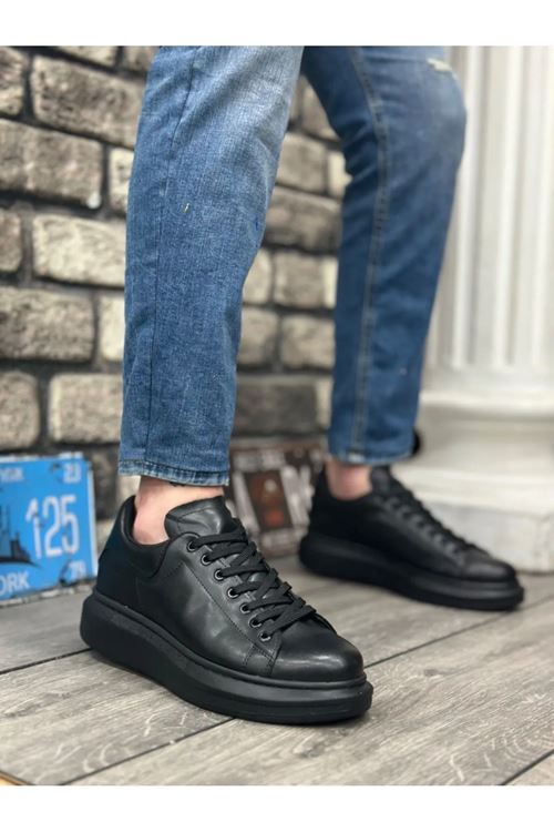 Kadın Erkek Unisex Bağcıklı Deri Yüksek Tabanlı Rahat Günlük Spor Ayakkabı Sneaker