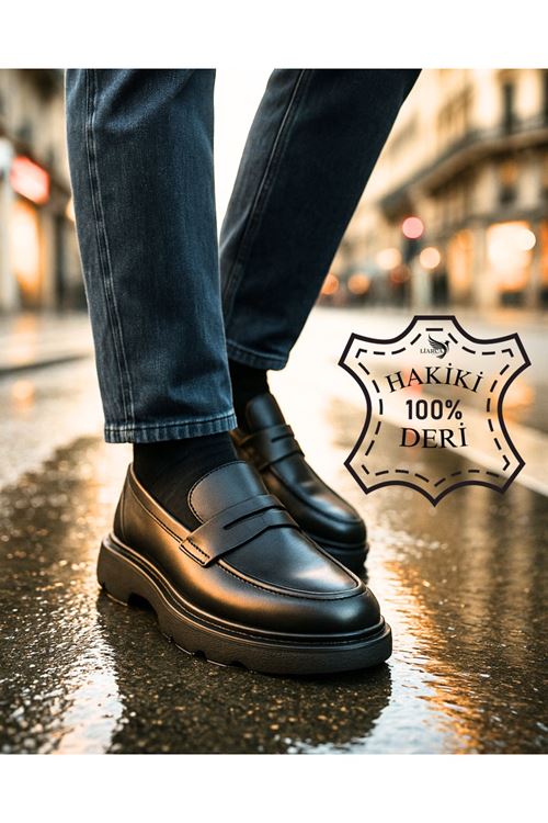 ONYX Erkek Siyah Hakiki Deri Makosen | Kalın Taban Loafer Günlük Klasik Ayakkabı | Yeni Sezon