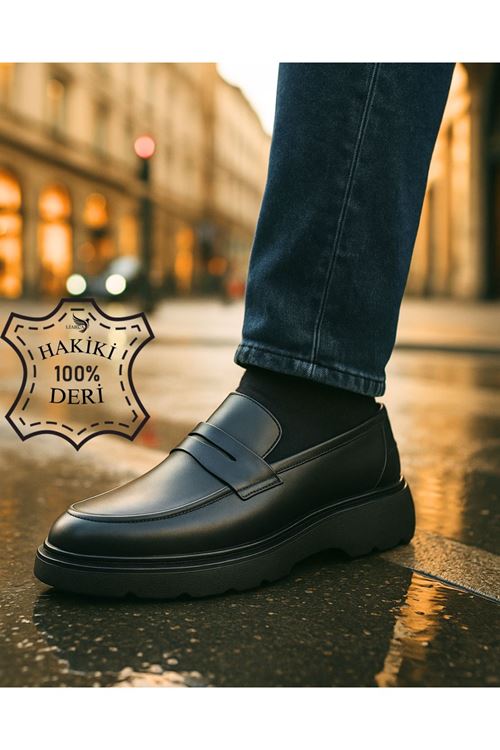ONYX Erkek Siyah Hakiki Deri Makosen | Kalın Taban Loafer Günlük Klasik Ayakkabı | Yeni Sezon