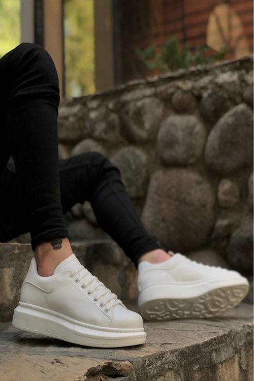 Beyaz - Günlük Spor Ayakkabı Bağcıklı Yüksek Tabanlı Klasik Erkek Sneaker