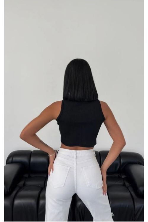 Solmayan Crop Top Esnek Fitilli Halter Yaka Atlet Slim Fit Siyah