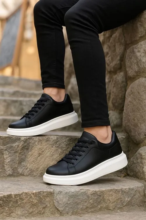 Siyah Deri Bağcıklı Yüksek Tabanlı Erkek Sneaker