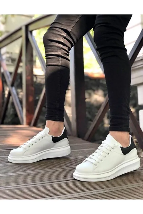 Tugerdi Bağcıklı Beyaz Kalın Yüksek Taban Siyah Cilt Deri Spor Erkek Ayakkabı TGE230697
