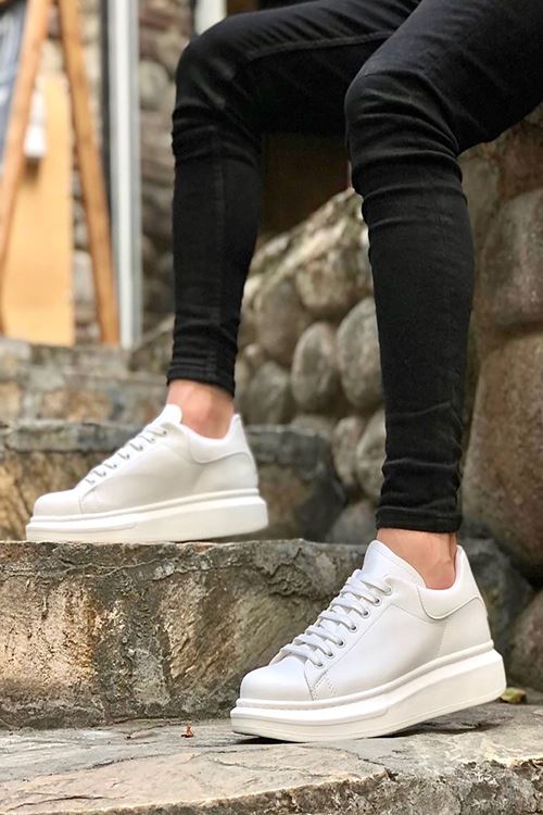 Beyaz Deri Bağcıklı Yüksek Tabanlı Erkek Sneaker