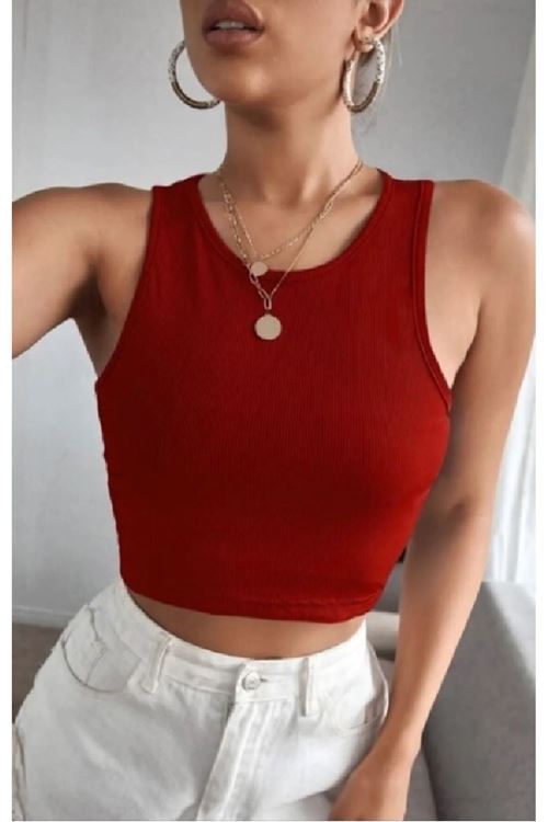 Solmayan Crop Top Esnek Fitilli Halter Yaka Atlet Slim Fit Bordo