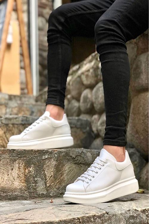 Beyaz - Günlük Spor Ayakkabı Bağcıklı Yüksek Tabanlı Klasik Erkek Sneaker