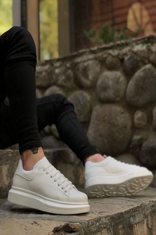 Beyaz Deri Bağcıklı Yüksek Tabanlı Erkek Sneaker