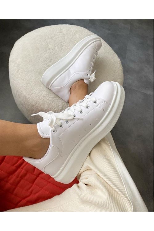 Beyaz - Günlük Spor Ayakkabı Bağcıklı Yüksek Tabanlı Klasik Erkek Sneaker