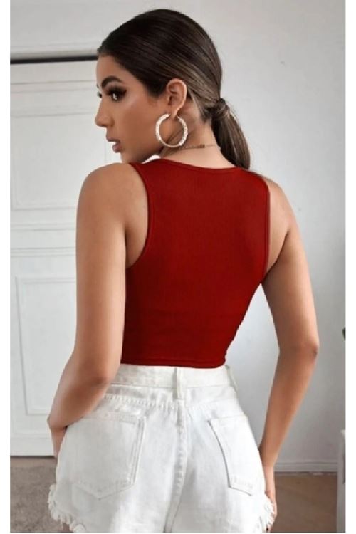Solmayan Crop Top Esnek Fitilli Halter Yaka Atlet Slim Fit Bordo