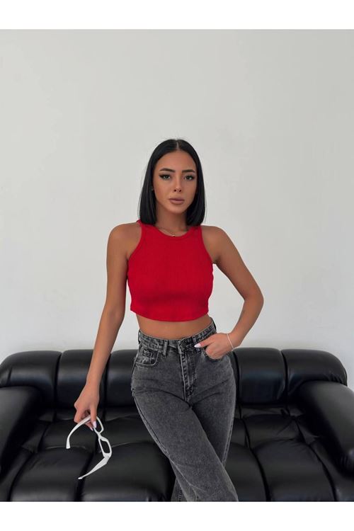 Solmayan Crop Top Esnek Fitilli Halter Yaka Atlet Slim Fit Kırmızı