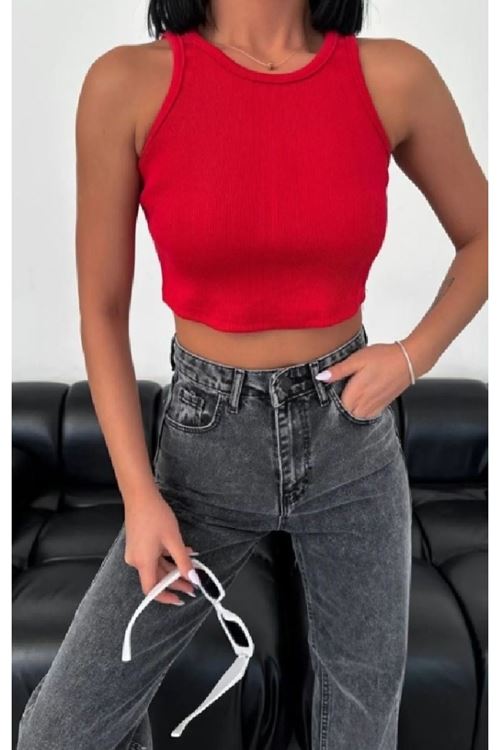 Solmayan Crop Top Esnek Fitilli Halter Yaka Atlet Slim Fit Kırmızı
