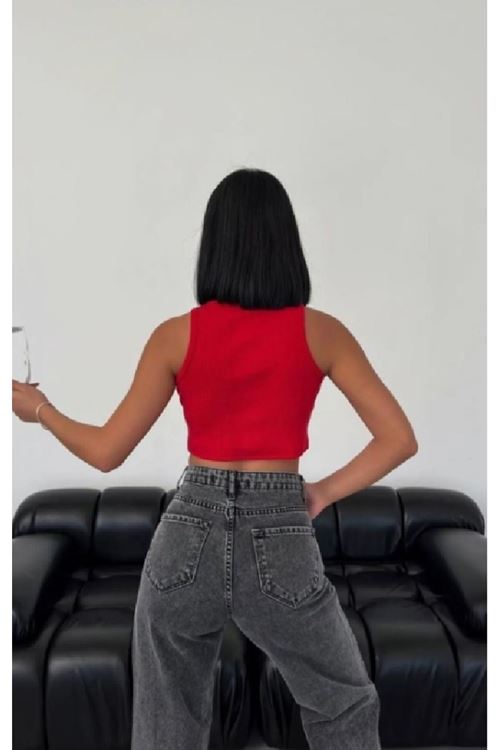 Solmayan Crop Top Esnek Fitilli Halter Yaka Atlet Slim Fit Kırmızı