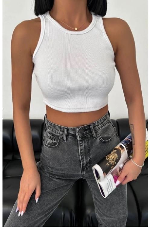 Solmayan Crop Top Esnek Fitilli Halter Yaka Atlet Slim Fit Beyaz