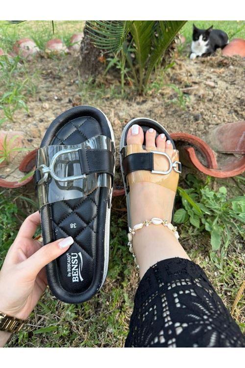 Şerit Detay , Şeffaf Tokalı Baklava Ped Üst Kalite Şık Terlik