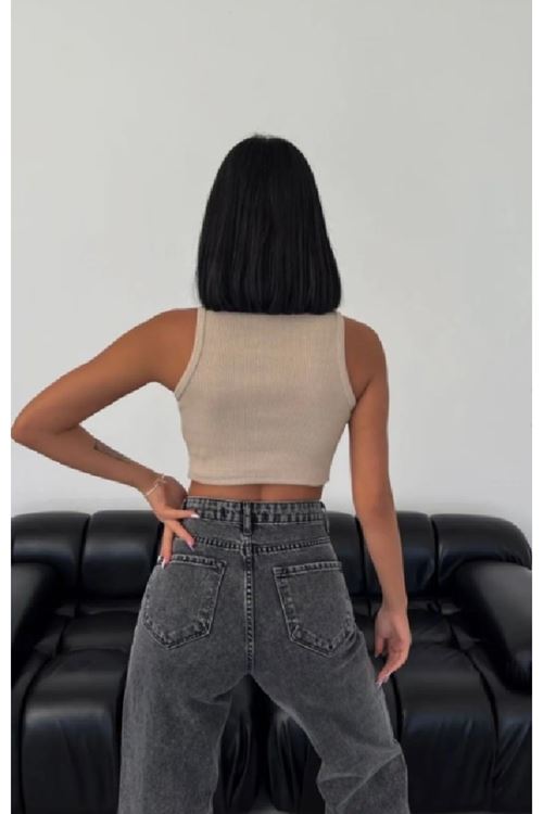 Solmayan Crop Top Esnek Fitilli Halter Yaka Atlet Slim Fit Bej