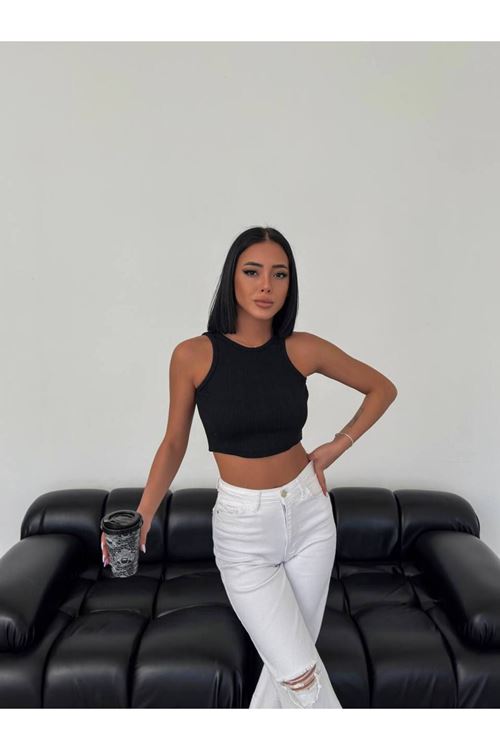 Solmayan Crop Top Esnek Fitilli Halter Yaka Atlet Slim Fit Siyah
