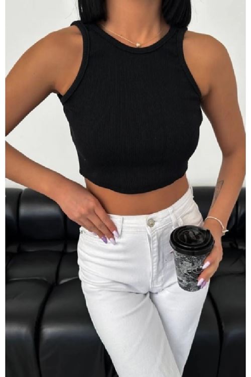 Solmayan Crop Top Esnek Fitilli Halter Yaka Atlet Slim Fit Siyah