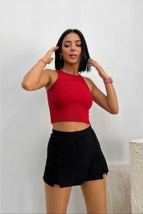 Kadın Halter Yaka Atlet Slim Fitted Sıfır Kol Crop Top Tank Esnek Fitilli