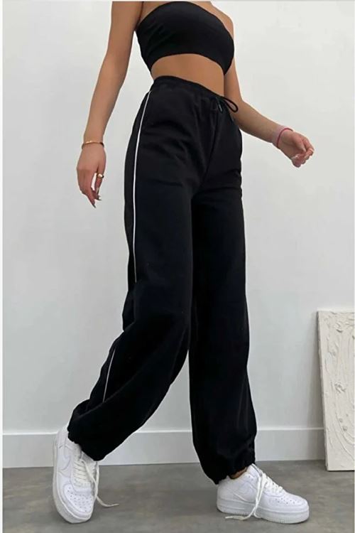 Kadın Tenis Eşofman Altı Bol Zip Biye Yan Siyah