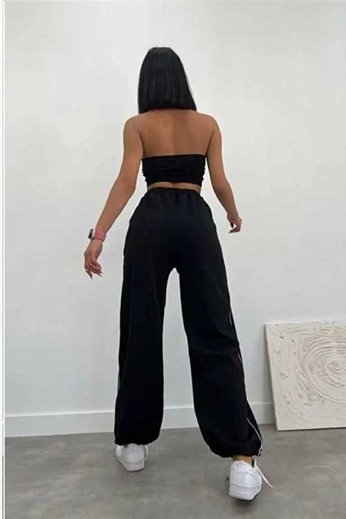 Kadın Tenis Eşofman Altı Bol Zip Biye Yan Siyah