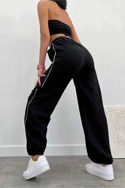 Kadın Tenis Eşofman Altı Bol Zip Biye Yan Siyah