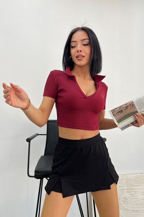 Üst Kalite 24/1 Kaşkorse %85 Pamuk Polo Yaka Crop Bluz