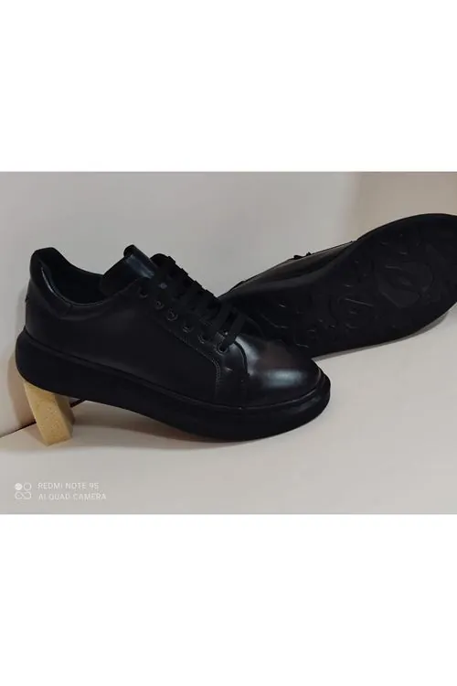 Siyah Deri Bağcıklı Poli Taban Yüksek Tabanlı Erkek Sneaker