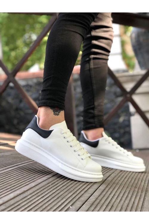 Kalın Yüksek Taban Beyaz Siyah Bağcıklı Spor Erkek Ayakkabı
