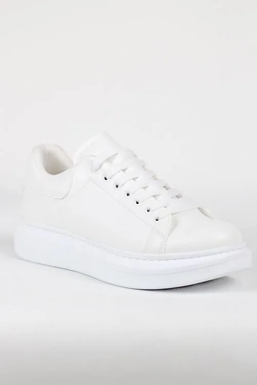 Beyaz Deri Bağcıklı Yüksek Tabanlı Erkek Sneaker