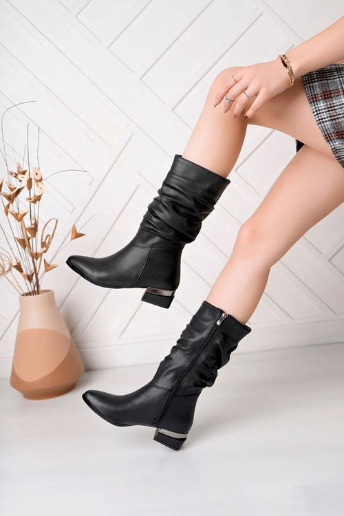 Kadın Siyah Körüklü Orta Topuk Fermuarlı Günlük & Şık Bot Çizme