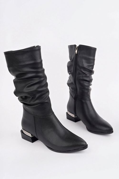 Kadın Siyah Körüklü Orta Topuk Fermuarlı Günlük & Şık Bot Çizme
