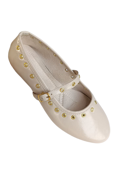 Kadın Bej Deri Görünümlü Kuşgözü Zımba Detaylı Mary Jane Rahat Babet - Tokalı Bantlı Günlük Ve Şık Düz Taban Ayakkabı