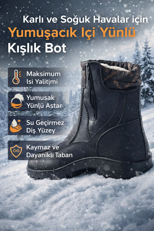 Erkek İçi Yünlü Astarlı Su Geçirmez Kışlık Günlük Kar Botu