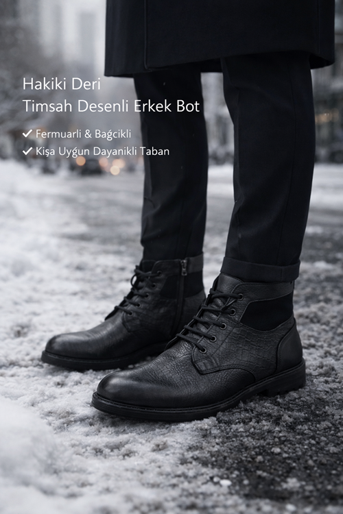 Timsah Desen Hakiki Deri Fermuarlı Soğuk Geçirmez Ped İşleme Baba Genç Klasik Tommy Tarz Bot