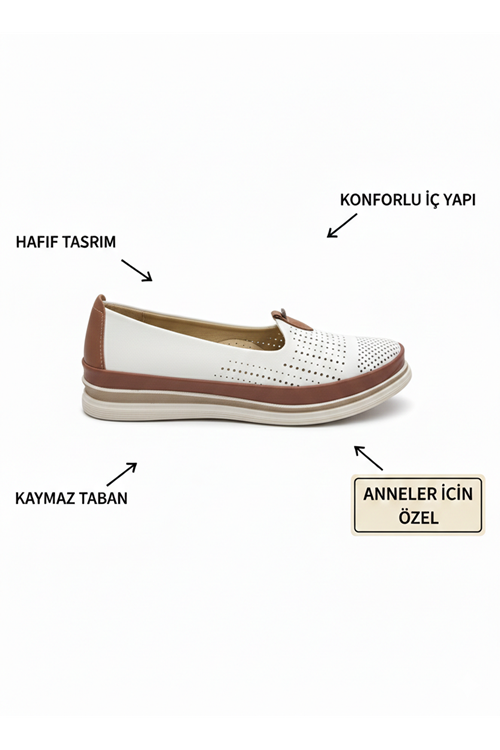Kadın Ortopedik Delikli Comfort Günlük Ayakkabı Beyaz Krem
