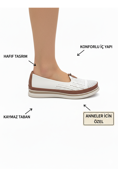 Kadın Ortopedik Delikli Comfort Günlük Ayakkabı Beyaz Krem