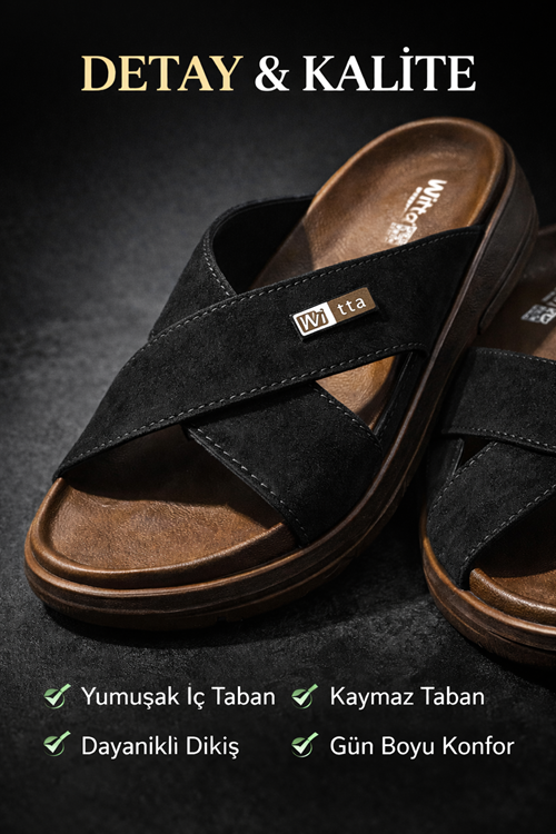 Yumuşak Deri Çapraz Bantlı Anatomik Erkek Terliği – Kaymaz Taban