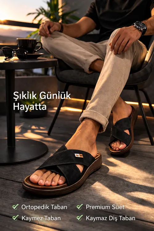 Yumuşak Deri Çapraz Bantlı Anatomik Erkek Terliği – Kaymaz Taban