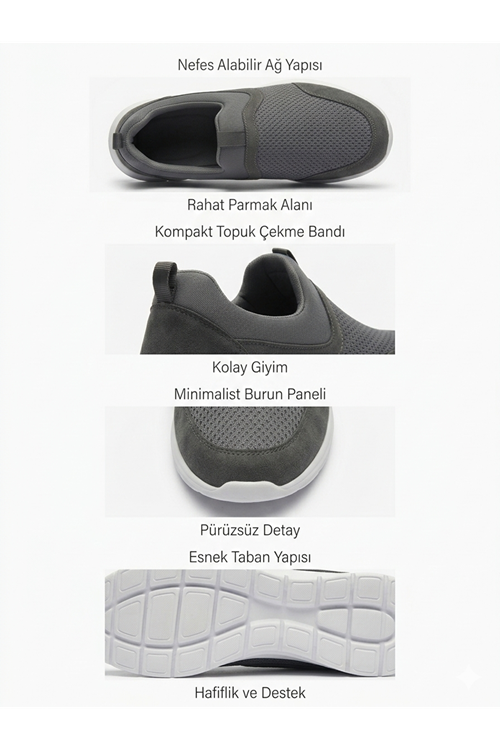 Kadın Erkek  Unisex Ortopedik Bağcıksız Nefes Alabilen Hafif Yürüyüş Sneaker Füme Renk Spor Ayakkabı