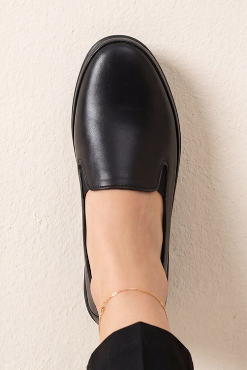 Comfort-Flex Siyah Hafif Yüksek Tabanlı Kadın Loafer - Anne Ayakkabısı - Günlük Rahat Esnek Yan Bantlı Dolgu Taban Ayakkabı