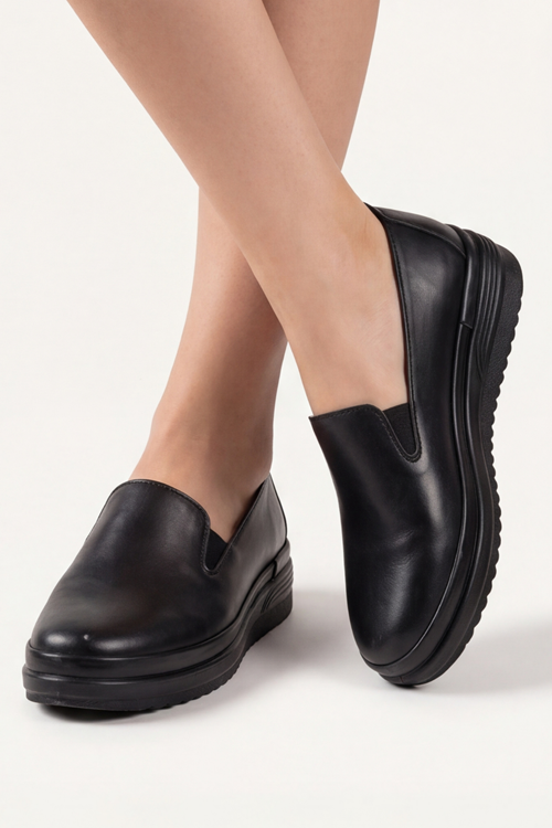 Comfort-Flex Siyah Hafif Yüksek Tabanlı Kadın Loafer - Anne Ayakkabısı - Günlük Rahat Esnek Yan Bantlı Dolgu Taban Ayakkabı