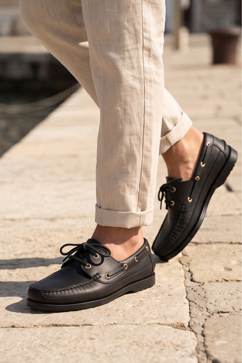 Royal Marine Siyah Premium Deri Erkek Loafer - El İşçiliği Özel Tasarım Klasik Gemi Ayakkabısı (Boat Shoe) Serisi