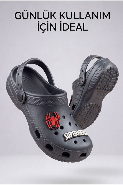 Hero-Clog Macera Serisi - Koyu Gri Maske Figürlü Erkek Çocuk - Bebek Terlik ve Sandalet: Ultra Hafif, Anatomik İç Tabanlı ve Kaymaz Emniyetli Yazlık Çocuk Kapalı Terlik