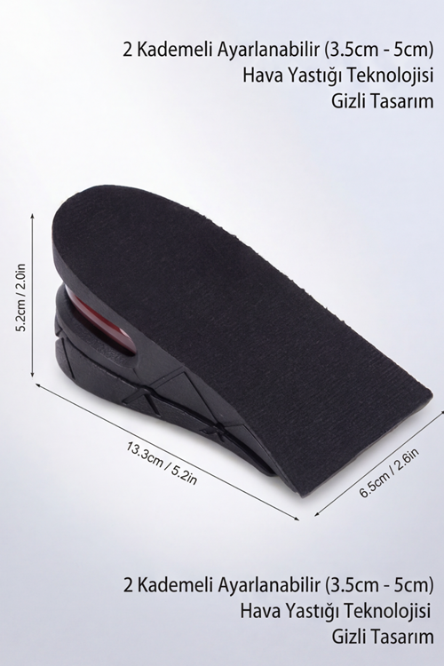 Boy Uzatıcı Ayakkabı Tabanlığı - 5 cm'ye Kadar 2 Kademeli Ayarlanabilir Hava Yastıklı Silikon Ortopedik Topuk Yükseltici - Darbe Emici Esnek Unisex Boy Uzatan Tabanlık